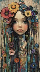 A whimsical portrait of a girl adorned with colorful flowers, blending nature with beauty in vibrant artistic expression.