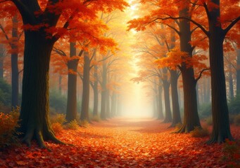 Fototapeta premium Vibrant autumn forest path lined with orange and red trees in a tranquil morning light