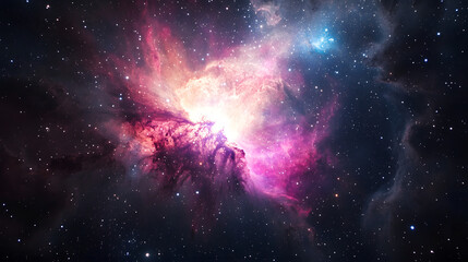 Obraz premium A vivid nebula radiating colors of pink purple and blue amidst a field of stars.