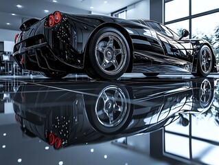 Black sports car with sleek design, reflecting on the shiny floor of a showroom.