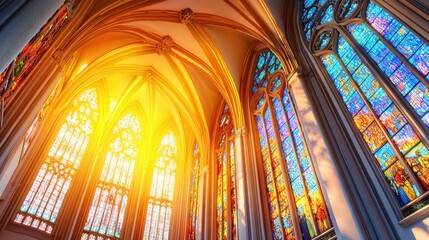 Obraz premium Colorful Stained Glass Windows in a Majestic Gothic Cathedral Interior