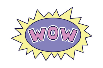 WOW inscription in an oval with spiked rays on white background. Retro illustration with outline in 90s style. Isolated vector illustration.