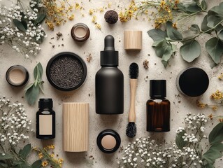 Aesthetic arrangement of skincare products with natural elements and greenery, perfect for wellness and beauty concepts.