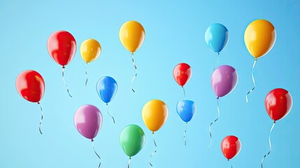 A vibrant arrangement of colorful balloons against a light blue background, evoking a sense of joy and celebration.