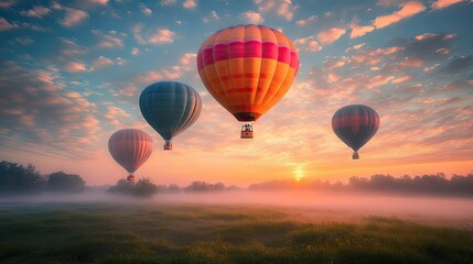 Naklejka premium Four vibrant hot air balloons float above a misty landscape at sunrise, creating a stunning view filled with color and tranquility.