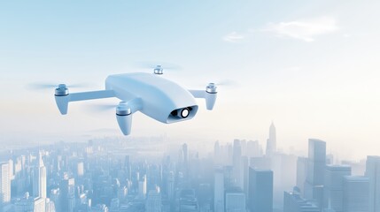 Futuristic Aerial Drone Flying Over Modern Cityscape with Skyscrapers