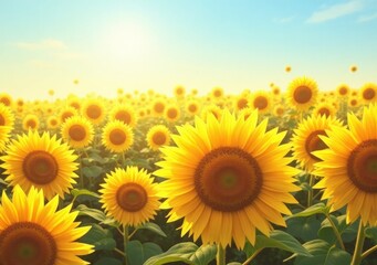 Fototapeta premium Bright sunflowers bloom vibrantly in a golden field under a clear blue sky