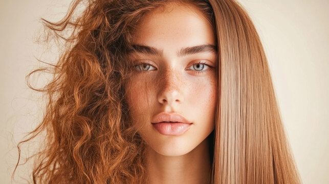 Close up portrait of young woman presenting result of hair straightening treatment