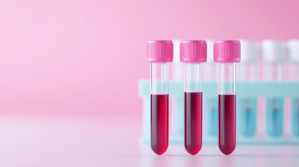 Concept of blood test is the main step in diagnosis. Three test tubes filled with red liquid are displayed against a soft pink background, highlighting a clinical and modern laboratory setting.