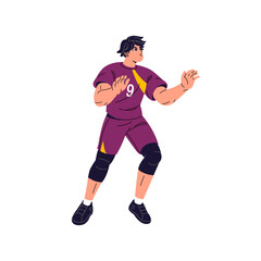 Professional volleyball player reaches hands to catch ball. Sportsman in sport uniform plays in competition. Athlete is in football, soccer match. Flat isolated vector illustration on white background