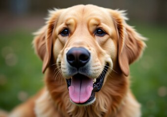 Obraz premium Golden retriever with a joyful expression sits in grass on a sunny day