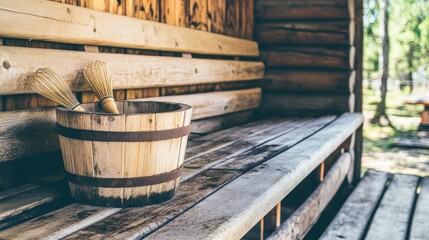 A wooden sauna bucket and birch whisk symbolize the tranquility of Estonian sauna traditions