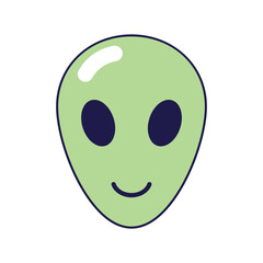 Vintage green alien head on white background. Retro illustration with outline in 90s style. Isolated vector illustration.