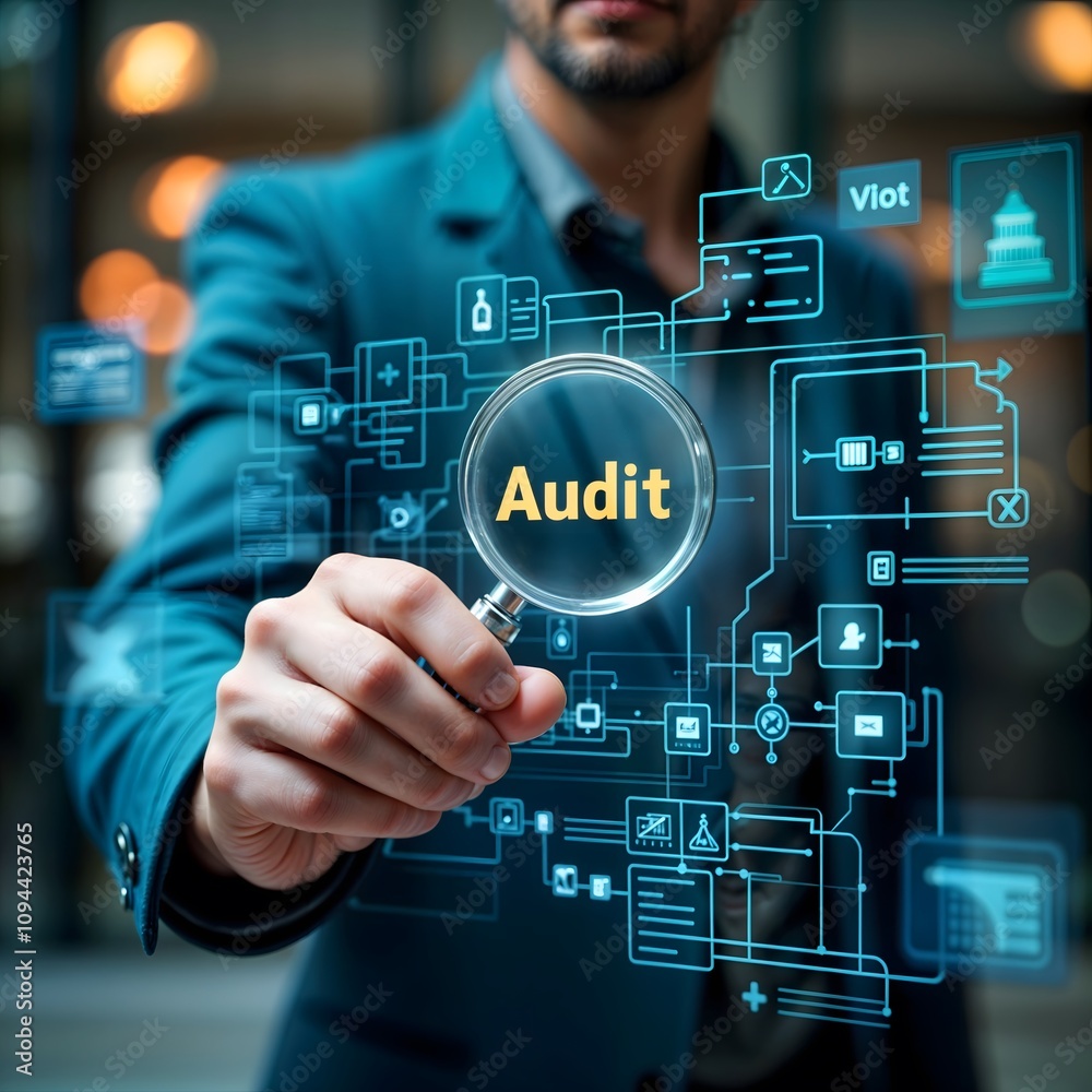 Poster accountant utilizing a magnifying glass to conduct document audits and quality assessments for busin