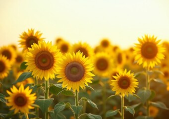 Obraz premium Bright sunflower field under golden sunset sky showcasing vibrant blooms