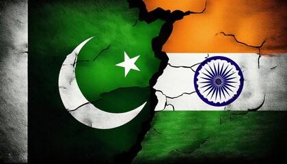 India vs Pakistan flag painted on crack wall background, diplomatic relationship between India and Pakistan concept 