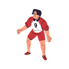 Volleyball player in uniform looks up, prepares to volley or catch ball top view. Professional sportsman plays in sports game, match, competition. Flat isolated vector illustration on white background