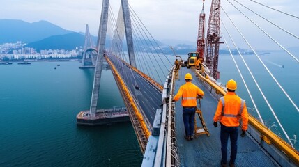 Workers Repairing Iconic Suspension Bridge Against Cityscape Backdrop