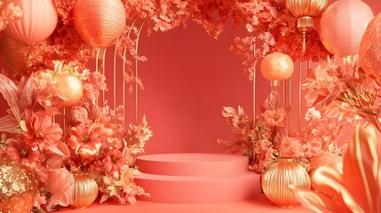 A vibrant Chinese New Year display with a podium framed by golden floral patterns and delicate lanterns, set against a soft red background, leaving space for a product.