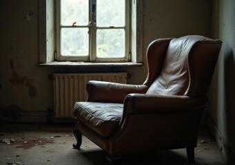 Old leather armchair next to a dusty window in an abandoned room during twilight hours