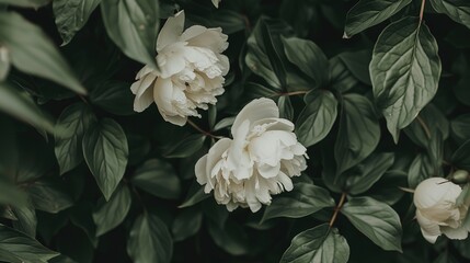 White Peonies Blooming on Green Leaves - an elegant and natural composition. The delicate white petals and vibrant green leaves create a harmonious and refreshing visual.