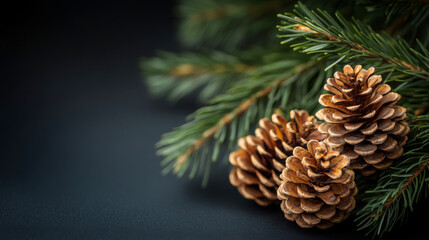 Fototapeta premium Pine cones nestled in the branches of an evergreen tree, evoking the natural, festive beauty of christmas