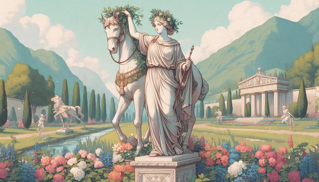 sculpture of woman and her horse. digital art.