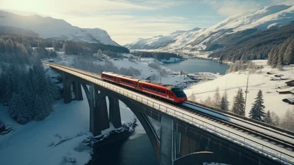 Aerial view of landwasser viaduct  luxury glacier   bernina express in swiss alps winter scenery