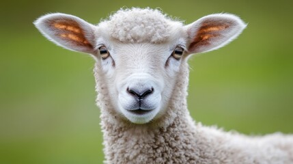 Detailed close-up portrait of a young sheep showcasing its soft wool, expressive eyes, and calm demeanor against a blurred green background that enhances its natural charm and beauty.
