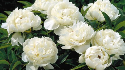 Obraz premium White Peonies Blooming on Green Leaves - an elegant and natural composition. The delicate white petals and vibrant green leaves create a harmonious and refreshing visual.