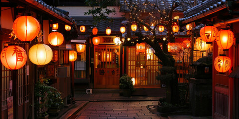 Obraz premium Nighttime building illuminated with glowing lanterns in a serene setting 