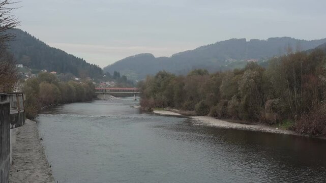 River savinja flowing from celje through lasko city in early autumn. Visible brown trees, river and bridge in the background. Brown autumn feeling, cold