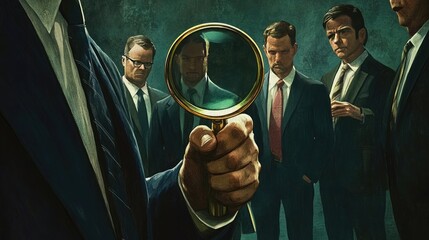 A group of five men in suits focused on a mysterious object held by one individual, suggesting intrigue and investigation.