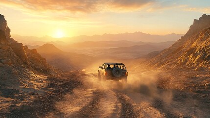 Fototapeta premium Off-Road Sunset Adventure - 3D Rendering of Couple on Thrilling Road Trip through Rocky Canyon Terrain
