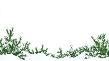 Christmas border with fir branches and snow, flat lay design on a white background, perfect for banners, mock-ups, and copy space concepts.