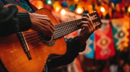 Hands strum a Chilean guitar as vibrant festival banners sway behind