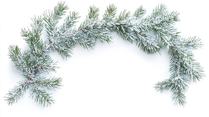 Christmas border with fir branches and snow, flat lay design on a white background, perfect for banners, mock-ups, and copy space concepts.