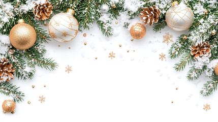 Christmas border with fir branches and snow, flat lay design on a white background, perfect for banners, mock-ups, and copy space concepts.
