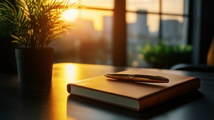 Elegant workspace scene with a notebook and pen illuminated by warm sunlight during sunset, featuring green plant and urban background in a modern office setting.