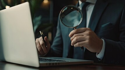 A male professional in a suit examining a laptop screen with a magnifying glass, conveying an air of investigation and diligence.