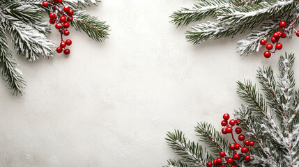 Christmas border with fir branches and snow, flat lay design on a white background, perfect for banners, mock-ups, and copy space concepts.