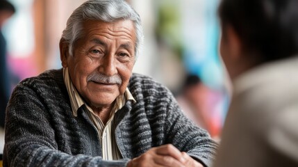 Hispanic retiree reviewing insurance services at a local branch in Lima, Peru