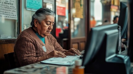 Hispanic retiree setting up insurance services at a heritage bank in Mexico City, Mexico