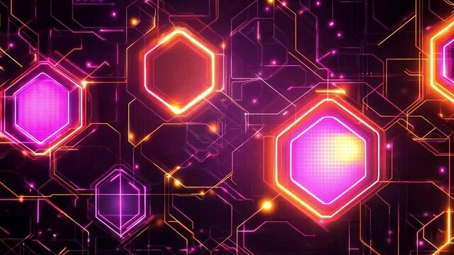 Abstract digital art with glowing pink and orange hexagons on a black background