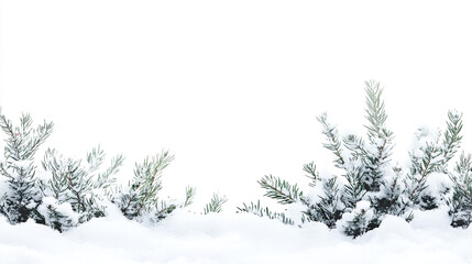 Christmas border with fir branches and snow, flat lay design on a white background, perfect for banners, mock-ups, and copy space concepts.