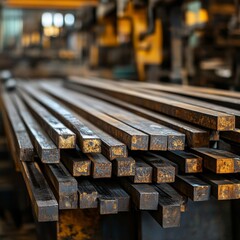 Stacked square metal bars, rusty, industrial.