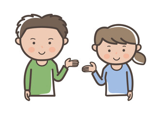 説明（案内）をするイメージの若い男女カップルの上半身イラスト