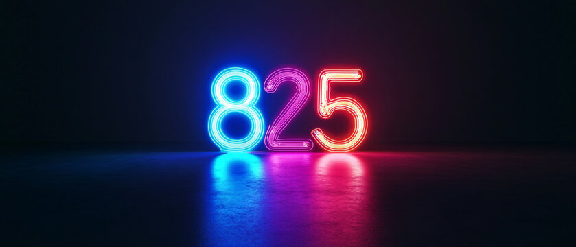 Vibrant Neon Numbers 825 Glowing in Dark Room, Abstract Background, Abstract Backgrou
