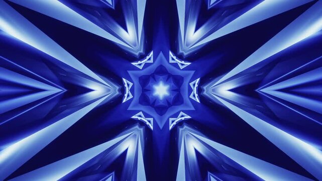 Snowflake shaped splitting tunnel in cold crystal blue looped kaleidoscope background