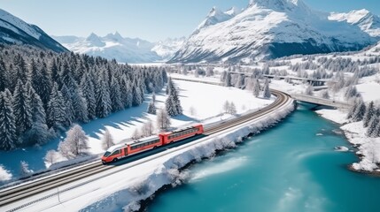 Stunning aerial view of landwasser viaduct amidst swiss alps winter with glacier and bernina express